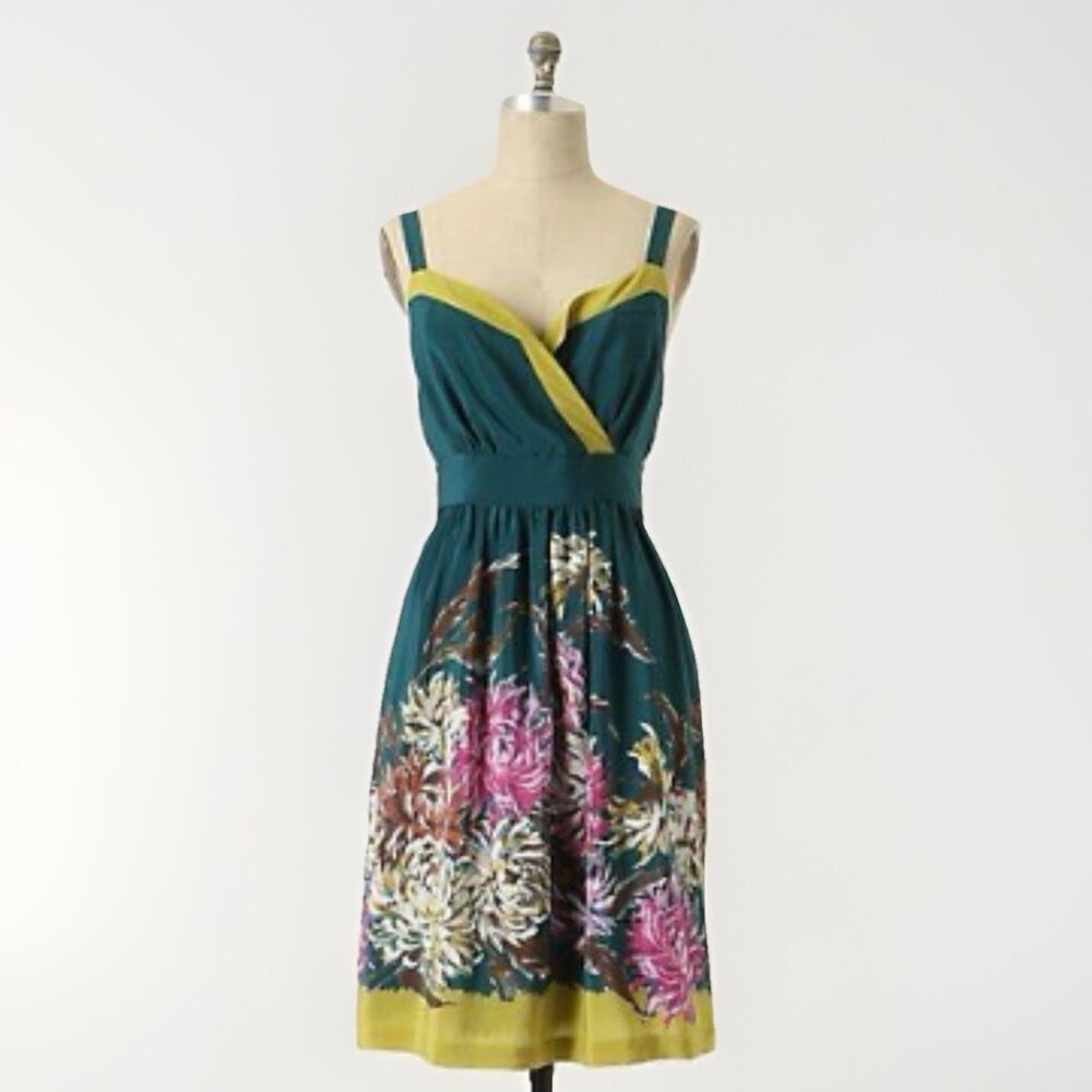 Anthropologie Maeve Impressionist's Dream Dress Size 2 Floral 100% Silk Pockets
